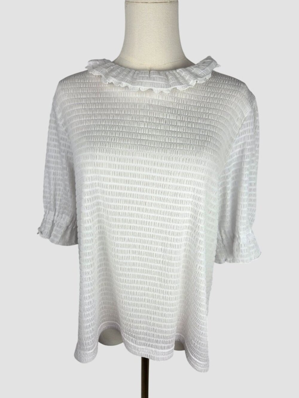 Sara Campbell White Smocked Top Blouse Sz‎ L Ruffle Collar Puff Sleeve Coquette